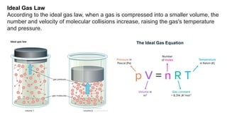 Ideal Gas Law
According to the ideal gas law, when a gas is compressed into a smaller volume, the
number and velocity of molecular collisions increase, raising the gas's temperature
and pressure.
The Ideal Gas Equation
 