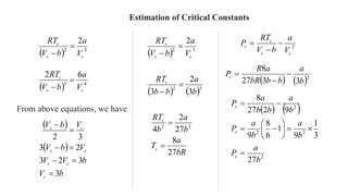 Estimation of Critical Constants
  3
2
2
c
c
c
V
a
b
V
RT


  4
3
6
2
c
c
c
V
a
b
V
RT


From above equations, we have
 
3
2
c
c V
b
V


 
b
V
b
V
V
V
b
V
c
c
c
c
c
3
3
2
3
2
3





   3
2
3
2
3 b
a
b
b
RTc


  3
2
2
c
c
c
V
a
b
V
RT


bR
a
T
b
a
b
RT
c
c
27
8
27
2
4 3
2


2
c
c
c
c
V
a
b
V
RT
P 


   2
3
3
27
8
b
a
b
b
bR
a
R
Pc 


   
2
2
2
2
27
3
1
9
1
6
8
9
9
2
27
8
b
a
P
b
a
b
a
P
b
a
b
b
a
P
c
c
c













 