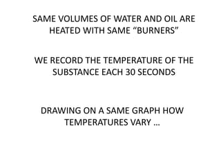 SAME VOLUMES OF WATER AND OIL ARE
   HEATED WITH SAME “BURNERS”


WE RECORD THE TEMPERATURE OF THE
   SUBSTANCE EACH 30 SECONDS


 DRAWING ON A SAME GRAPH HOW
     TEMPERATURES VARY …
 