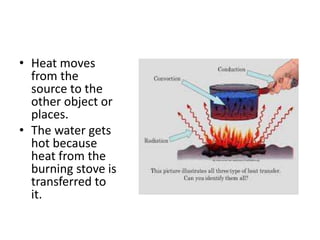 • Heat moves
from the
source to the
other object or
places.
• The water gets
hot because
heat from the
burning stove is
transferred to
it.
 