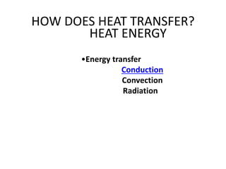 HOW DOES HEAT TRANSFER?
HEAT ENERGY
•Energy transfer
Conduction
Convection
Radiation
 