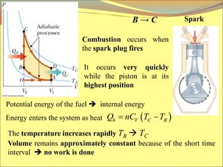 Spark
B → C
Combustion occurs when
the spark plug fires
It occurs very quickly
while the piston is at its
highest position
Potential energy of the fuel  internal energy
The temperature increases rapidly TB  TC
Volume remains approximately constant because of the short time
interval  no work is done
 
h V C B
Q nC T T
 
Energy enters the system as heat
 