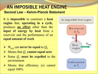 Second Law  Kelvin-Planck Statement
AN IMPOSIBLE HEAT ENGINE
It is impossible to construct a heat
engine that, operating in a cycle,
produces no effect other than the
input of energy by heat from a
reservoir and the performance of an
equal amount of work
 Weng can never be equal to Qh
 Means that Qc cannot equal zero
 Some Qc must be expelled to the
environment
 Means that efficiency (e) cannot
equal 100%
 