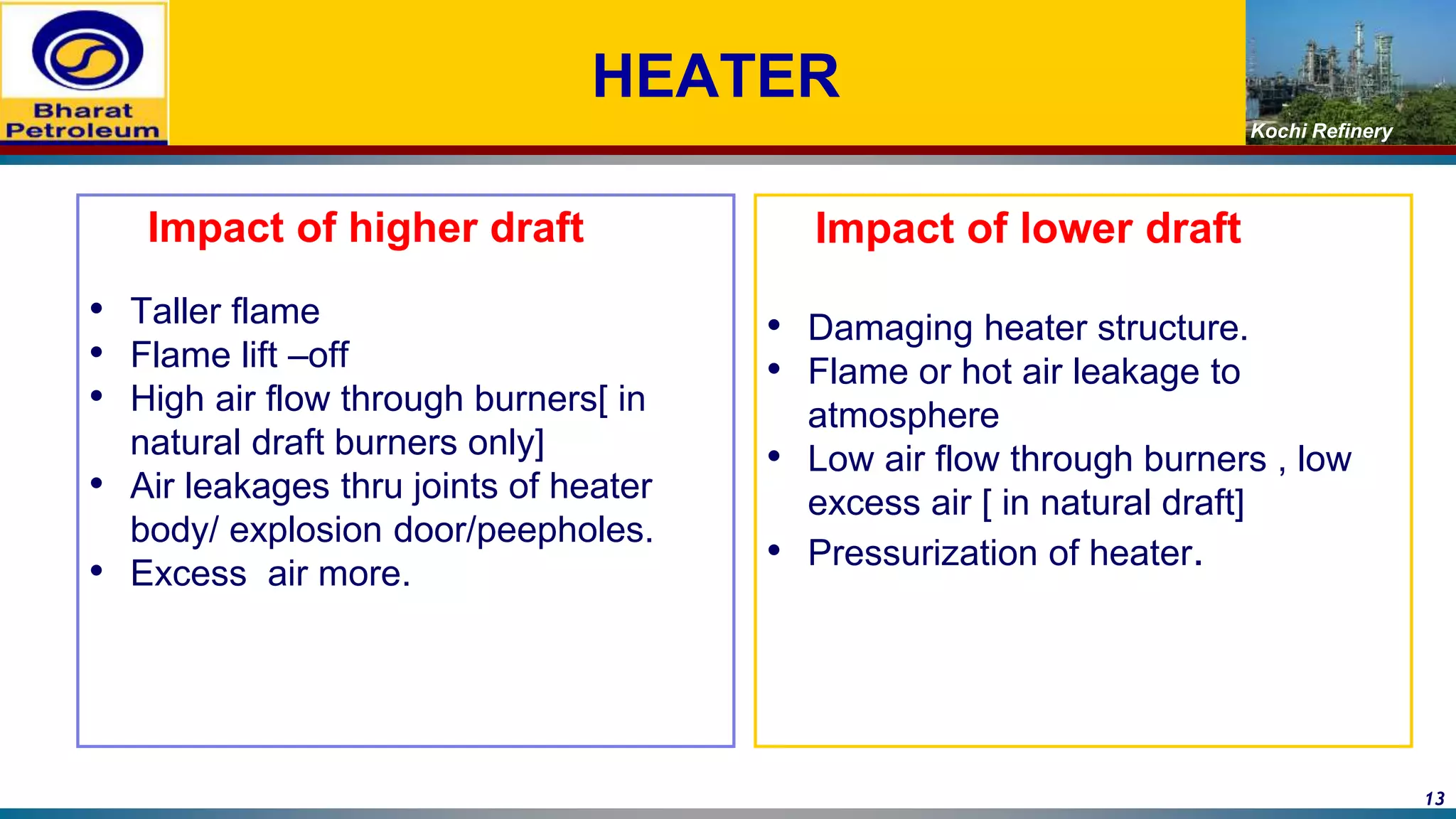 Kochi Refinery
HEATER
Impact of higher draft
• Taller flame
• Flame lift –off
• High air flow through burners[ in
natural draft burners only]
• Air leakages thru joints of heater
body/ explosion door/peepholes.
• Excess air more.
Impact of lower draft
• Damaging heater structure.
• Flame or hot air leakage to
atmosphere
• Low air flow through burners , low
excess air [ in natural draft]
• Pressurization of heater.
13
 