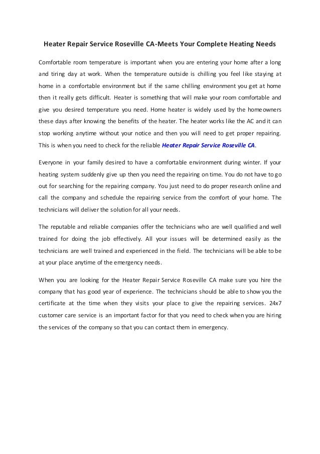 Heater Repair Service Roseville Ca Meets Your Complete Heating Needs