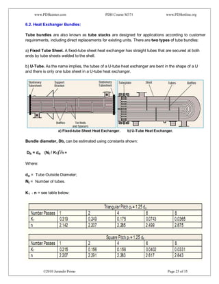 www.PDHcenter.com PDH Course M371 www.PDHonline.org
©2010 Jurandir Primo Page 25 of 35
6.2. Heat Exchanger Bundles:
Tube bundles are also known as tube stacks are designed for applications according to customer
requirements, including direct replacements for existing units. There are two types of tube bundles:
a) Fixed Tube Sheet. A fixed-tube sheet heat exchanger has straight tubes that are secured at both
ends by tube sheets welded to the shell.
b) U-Tube. As the name implies, the tubes of a U-tube heat exchanger are bent in the shape of a U
and there is only one tube sheet in a U-tube heat exchanger.
a) Fixed-tube Sheet Heat Exchanger. b) U-Tube Heat Exchanger.
Bundle diameter, Db, can be estimated using constants shown:
Db = do (Nt / K1)¹⁄n =
Where:
do = Tube Outside Diameter;
Nt = Number of tubes.
K1 - n = see table below:
 