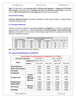 www.PDHcenter.com PDH Course M371 www.PDHonline.org
©2010 Jurandir Primo Page 27 of 35
Note: The table above uses minimum pitch 1.25 times tube diameter i.e. clearance of 0.25 times
tube diameter, the smallest pitch in triangular 30º layout for turbulent or laminar flow in clean ser-
vice. For 90º or 45º layout allow 6.4 mm clearance for tube for ease of cleaning.
6.6. Corrosion Fouling:
Fouling is deposit formation, encrustation, deposition, scaling, scale formation, or sludge formation
inside heat exchanger tubes.
6.7. Corrosion Definitions:
However if economics determine that some corrosion is acceptable and no data is available from
past experience an allowance of 1/16 in (1.59 mm) is commonly applied. Typical fouling coeffi-
cients are shown below. It can be shown that the design margin achieved by applying the combined
fouling film coefficient is given by:
OBS.: Clean OHTC (Overall Heat Transfer Coefficient).
6.8. Typical Fouling Resistances Coefficients:
Cooling Water Fouling Resistances Coefficients (ft² h °F/Btu)
Hot Fluid Temperature Up to 240 °F 240 °F to 400 °F
Water
Temperature Up to 125 °F Over 125 °F
Velocity Up to 3 ft/s Over 3 ft/s Up to 3 ft/s Over 3 ft/s
Boiler Blowdown 0.002 0.002 0.002 0.002
Boiler Feed (Treated) 0.001 0.005 0.001 0.001
City Water 0.001 0.001 0.003 0.002
Condensate 0.0005 0.0005 0.0005 0.0005
Cooling Tower
Treated
Make-up 0.001 0.001 0.002 0.002
Untreated
Make-up
0.003 0.003 0.005 0.004
Distilled Water 0.0005 0.0005 0.0005 0.0005
Muddy Water 0.0003 0.0002 0.0004 0.0003
River Water
Minimum 0.002 0.001 0.003 0.002
Average 0.003 0.002 0.004 0.003
Sea Water 0.0005 0.0005 0.0001 0.0001
 