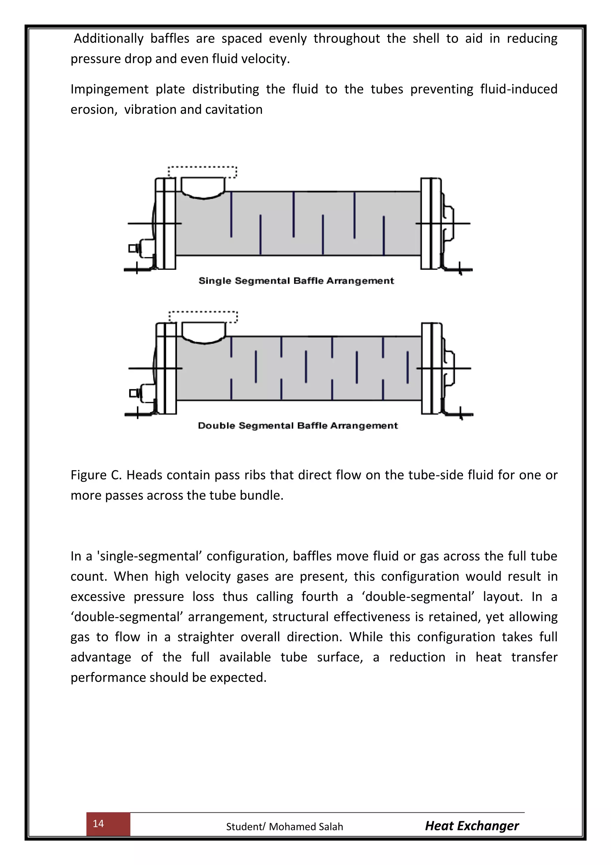 14 Heat ExchangerMohamed SalahStudent
Additionally baffles are spaced evenly throughout the shell to aid in reducing
pressure drop and even fluid velocity.
Impingement plate distributing the fluid to the tubes preventing fluid-induced
erosion, vibration and cavitation
Figure C. Heads contain pass ribs that direct flow on the tube-side fluid for one or
more passes across the tube bundle.
In a 'single-segmental’ configuration, baffles move fluid or gas across the full tube
count. When high velocity gases are present, this configuration would result in
excessive pressure loss thus calling fourth a ‘double-segmental’ layout. In a
‘double-segmental’ arrangement, structural effectiveness is retained, yet allowing
gas to flow in a straighter overall direction. While this configuration takes full
advantage of the full available tube surface, a reduction in heat transfer
performance should be expected.
 