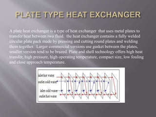A plate heat exchanger is a type of heat exchanger that uses metal plates to 
transfer heat between two fluid. the heat exchanger contains a fully welded 
circular plate pack made by pressing and cutting round plates and welding 
them together. Larger commercial versions use gasket between the plates, 
smaller version tend to be brazed. Plate and shell technology offers high heat 
transfer, high pressure, high operating temperature, compact size, low fouling 
and close approach temperature. 
 