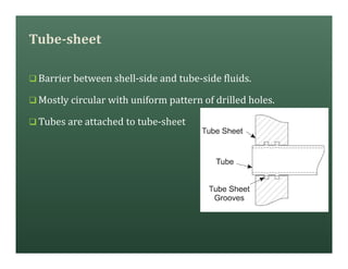 Tube-sheet
q Barrier between shell-side and tube-side fluids.
q Mostly circular with uniform pattern of drilled holes.
q Tubes are attached to tube-sheet
 