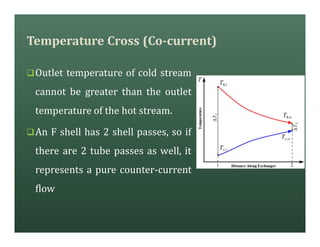 Temperature Cross (Co-current)
qOutlet temperature of cold stream
cannot be greater than the outlet
temperature of the hot stream.
qAn F shell has 2 shell passes, so if
there are 2 tube passes as well, it
represents a pure counter-current
flow
 