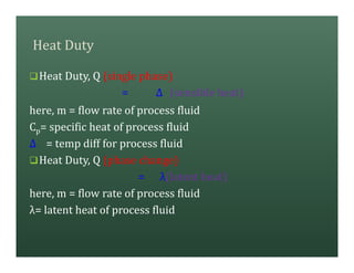 Heat Duty
qHeat Duty, Q (single phase)
= ∆ (sensible heat)
here, m = flow rate of process fluid
Cp= specific heat of process fluid
∆ = temp diff for process fluid
qHeat Duty, Q (phase change)
= λ(latent heat)
here, m = flow rate of process fluid
λ= latent heat of process fluid
 