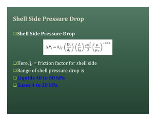 Shell Side Pressure Drop
qShell Side Pressure Drop
qHere, jf = friction factor for shell side
qRange of shell pressure drop is
qLiquids 48 to 60 kPa
qGases 4 to 20 kPa
 