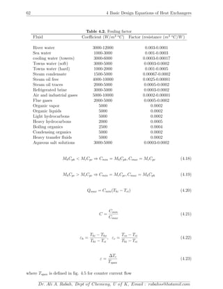 62 4 Basic Design Equations of Heat Exchangers
Table 4.2. Fouling factor
Fluid Coeﬃcient (W/m2 o
C) Factor (resistance (m2 o
C/W)
River water 3000-12000 0.003-0.0001
Sea water 1000-3000 0.001-0.0003
cooling water (towers) 3000-6000 0.0003-0.00017
Towns water (soft) 3000-5000 0.0003-0.0002
Towns water (hard) 1000-2000 0.001-0.0005
Steam condensate 1500-5000 0.00067-0.0002
Steam oil free 4000-10000 0.0025-0.00001
Steam oil traces 2000-5000 0.0005-0.0002
Refrigerated brine 3000-5000 0.0003-0.0002
Air and industrial gases 5000-10000 0.0002-0.00001
Flue gases 2000-5000 0.0005-0.0002
Organic vapor 5000 0.0002
Organic liquids 5000 0.0002
Light hydrocarbons 5000 0.0002
Heavy hydrocarbons 2000 0.0005
Boiling organics 2500 0.0004
Condensing organics 5000 0.0002
Heavy transfer ﬂuids 5000 0.0002
Aqueous salt solutions 3000-5000 0.0003-0.0002
MhCph < McCpc ⇒ Cmin = MhCph, Cmax = McCpc (4.18)
MhCpc > McCpc ⇒ Cmin = McCpc, Cmax = MhCph (4.19)
Qmax = Cmin(Thi − Tci) (4.20)
C =
Cmin
Cmax
(4.21)
εh =
Thi − Tho
Thi − Tci
, εc =
Tco − Tci
Thi − Tci
(4.22)
ε =
∆Tc
Tspan
(4.23)
where Tspan is deﬁned in ﬁg. 4.5 for counter current ﬂow
Dr. Ali A. Rabah, Dept of Chemeng, U of K, Email : rabahss@hotamil.com
 