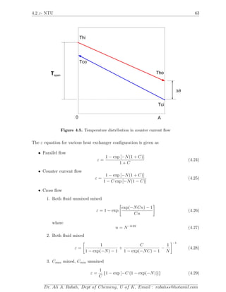 4.2 ε- NTU 63
Tci
Tco
Thi
ThoTspan
∆θ
0 A
Figure 4.5. Temperature distribution in counter current ﬂow
The ε equation for various heat exchanger conﬁguration is given as
• Parallel ﬂow
ε =
1 − exp [−N(1 + C)]
1 + C
(4.24)
• Counter current ﬂow
ε =
1 − exp [−N(1 + C)]
1 − C exp [−N(1 − C)]
(4.25)
• Cross ﬂow
1. Both ﬂuid unmixed mixed
ε = 1 − exp
exp(−NCn) − 1
Cn
(4.26)
where
n = N−0.22
(4.27)
2. Both ﬂuid mixed
ε =
1
1 − exp(−N) − 1
+
C
1 − exp(−NC) − 1
−
1
N
−1
(4.28)
3. Cmax mixed, Cmin unmixed
ε =
1
C
{1 − exp [−C (1 − exp(−N))]} (4.29)
Dr. Ali A. Rabah, Dept of Chemeng, U of K, Email : rabahss@hotamil.com
 