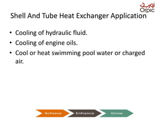 Shell And Tube Heat Exchanger Application
• Cooling of hydraulic fluid.
• Cooling of engine oils.
• Cool or heat swimming pool water or charged
air.
Presentation on Heat Exchangers
 