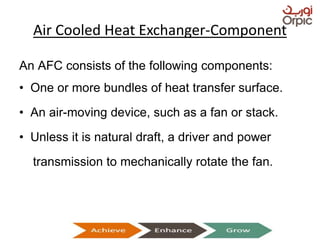 Air Cooled Heat Exchanger-Component
An AFC consists of the following components:
• One or more bundles of heat transfer surface.
• An air-moving device, such as a fan or stack.
• Unless it is natural draft, a driver and power
transmission to mechanically rotate the fan.
Presentation on Heat Exchangers
 