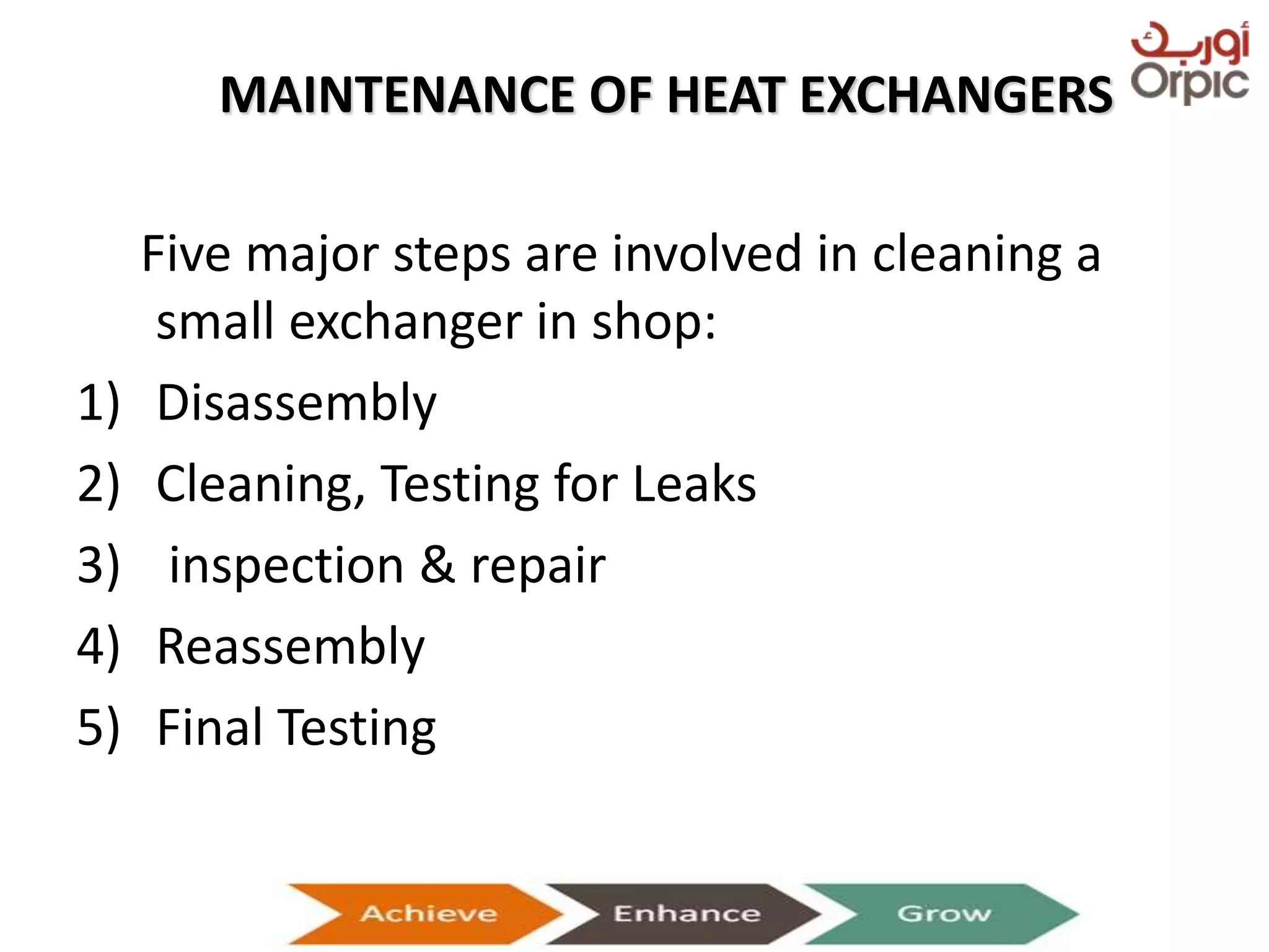 MAINTENANCE OF HEAT EXCHANGERS
Five major steps are involved in cleaning a
small exchanger in shop:
1) Disassembly
2) Cleaning, Testing for Leaks
3) inspection & repair
4) Reassembly
5) Final Testing
Presentation on Heat Exchangers
 