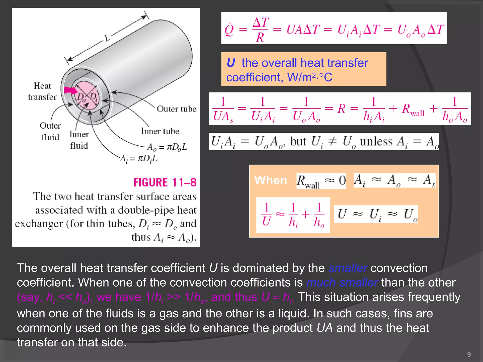 9 
U the overall heat transfer 
coefficient, W/m2×°C 
When 
The overall heat transfer coefficient U is dominated by the smaller convection 
coefficient. When one of the convection coefficients is much smaller than the other 
(say, hi << ho), we have 1/hi >> 1/ho, and thus U » hi. This situation arises frequently 
when one of the fluids is a gas and the other is a liquid. In such cases, fins are 
commonly used on the gas side to enhance the product UA and thus the heat 
transfer on that side. 
 