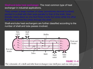 5 
Shell-and-tube heat exchanger: The most common type of heat 
exchanger in industrial applications. 
They contain a large number of tubes (sometimes several hundred) 
packed in a shell with their axes parallel to that of the shell. Heat 
transfer takes place as one fluid flows inside the tubes while the other 
fluid flows outside the tubes through the shell. 
Shell-and-tube heat exchangers are further classified according to the 
number of shell and tube passes involved. 
 