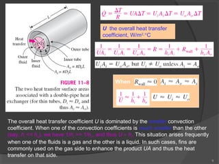 9 
U the overall heat transfer 
coefficient, W/m2×°C 
When 
The overall heat transfer coefficient U is dominated by the smaller convection 
coefficient. When one of the convection coefficients is much smaller than the other 
(say, hi << ho), we have 1/hi >> 1/ho, and thus U » hi. This situation arises frequently 
when one of the fluids is a gas and the other is a liquid. In such cases, fins are 
commonly used on the gas side to enhance the product UA and thus the heat 
transfer on that side. 
 