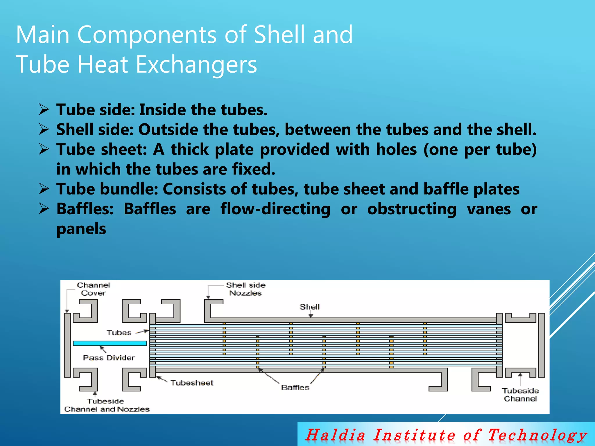 H a l d i a I n s t i t u t e o f Te c h n o lo g y
Main Components of Shell and
Tube Heat Exchangers
 Tube side: Inside the tubes.
 Shell side: Outside the tubes, between the tubes and the shell.
 Tube sheet: A thick plate provided with holes (one per tube)
in which the tubes are fixed.
 Tube bundle: Consists of tubes, tube sheet and baffle plates
 Baffles: Baffles are flow-directing or obstructing vanes or
panels
 
