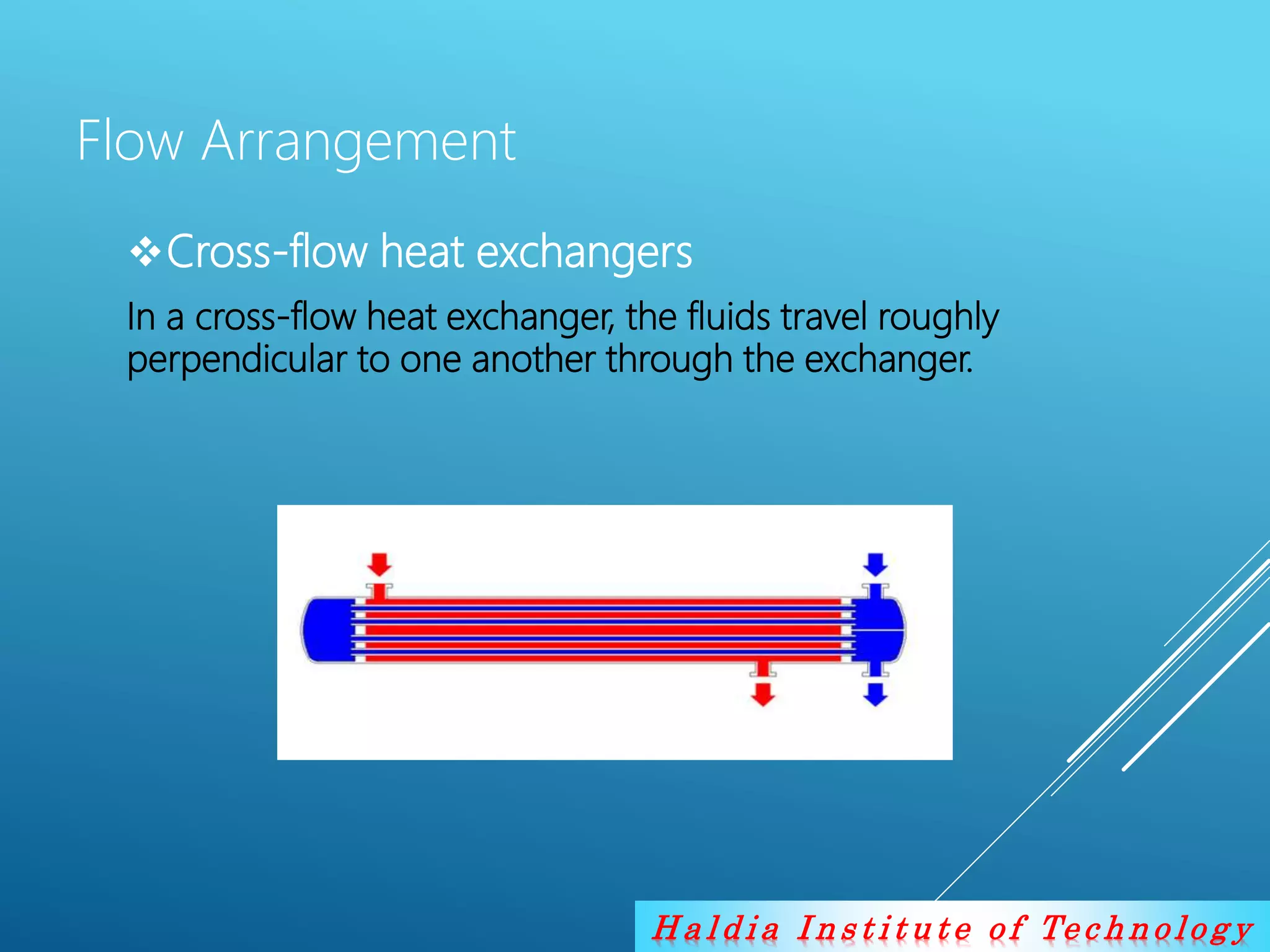 H a l d i a I n s t i t u t e o f Te c h n o lo g y
In a cross-flow heat exchanger, the fluids travel roughly
perpendicular to one another through the exchanger.
Cross-flow heat exchangers
Flow Arrangement
 