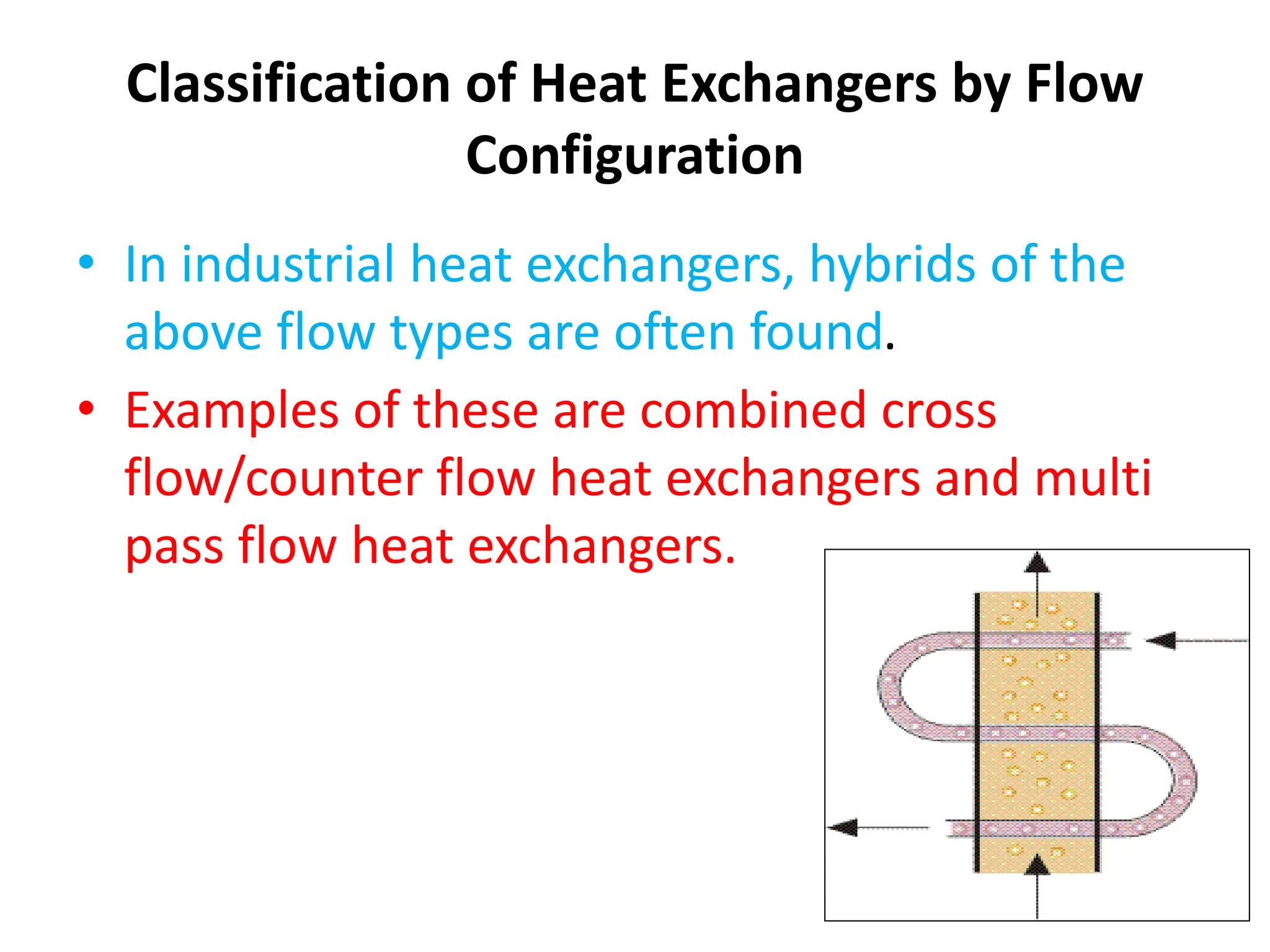 Classification of Heat Exchangers by Flow
Configuration
• In industrial heat exchangers, hybrids of the
above flow types are often found.
• Examples of these are combined cross
flow/counter flow heat exchangers and multi
pass flow heat exchangers.
 