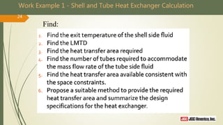Work Example 1 - Shell and Tube Heat Exchanger Calculation
24
Find:
 