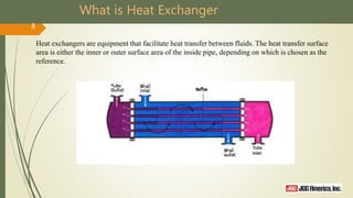 What is Heat Exchanger
Heat exchangers are equipment that facilitate heat transfer between fluids. The heat transfer surface
area is either the inner or outer surface area of the inside pipe, depending on which is chosen as the
reference.
8
 