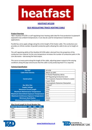 HEATFAST HF1230 
SELF-REGULATING TRACE HEATING CABLE 
Product Overview 
T&D’s Heatfast HF1230 is a self-regulating trace heating cable ideal for frost protection to pipework 
exposed to low ambient temperatures. It can also be used for temperature maintenance 
applications. 
Parallel bus wires apply voltage along the entire length of the heater cable. The conductive core 
provides an infinite number of parallel conductive paths allowing the cable to be cut to length on 
site. 
The self-regulating ability of the Heatfast HF1230 cable is derived from the properties of the 
conductive core material. As the core temperature increases the number of conductive paths in the 
core decreases – decreasing the heat output. 
This occurs at every point along the length of the cable, adjusting power output to the varying 
conditions along the pipe and ensures that the cable is only producing heat if it is required. 
Part Ref HF1230 
Cable Watt Density 30w/m at 10ºC 
www.heattracing.co.uk 
Technical Specification 
Construction 
Max Circuit Length Vs Circuit Breaker Size 
Start-Up Temperature 16A 20A 25A 
10ºC 83m 104m 113m 
0ºC 71m 89m 105m 
-10ºC 63m 78m 98m 
-20ºC 56m 69m 87m 
-40ºC 45m 57m 71m 
CU Nickel-Plated Bus Wires 
Self-Regulating Conductive Core 
Thermoplastic Elastomer Dielectric Jacket 
Copper Braid 
Thermoplastic Elastomer Overjacket 
Bus Wire Size 1.23mm² 
Supply Voltage 230V 
Maximum Circuit Length 113m 
Maximum Maintenance Temperature 65ºC 
Maximum Intermittent Exposure Temperature 80ºC 
Maximum Continuous Exposure Temperature 65ºC 
Minimum Bend Radius 25mm 
Minimum Installation Temperature -45ºC 
 