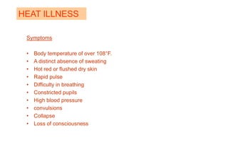 Symptoms
• Body temperature of over 108°F.
• A distinct absence of sweating
• Hot red or flushed dry skin
• Rapid pulse
• Difficulty in breathing
• Constricted pupils
• High blood pressure
• convulsions
• Collapse
• Loss of consciousness
HEAT ILLNESS
 