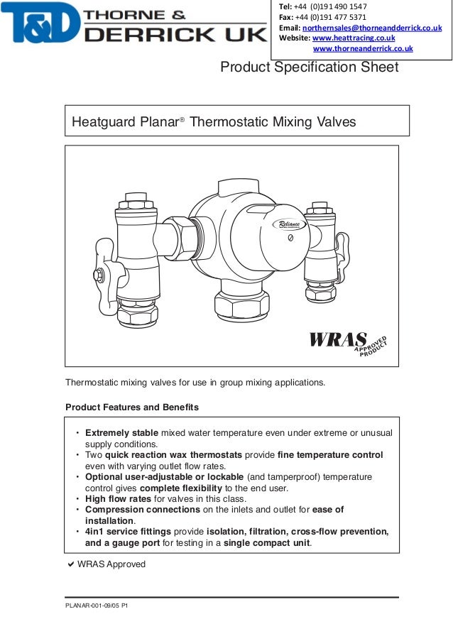 Heatguard Planar Group Thermostatic Mixing Valve Spec Sheet