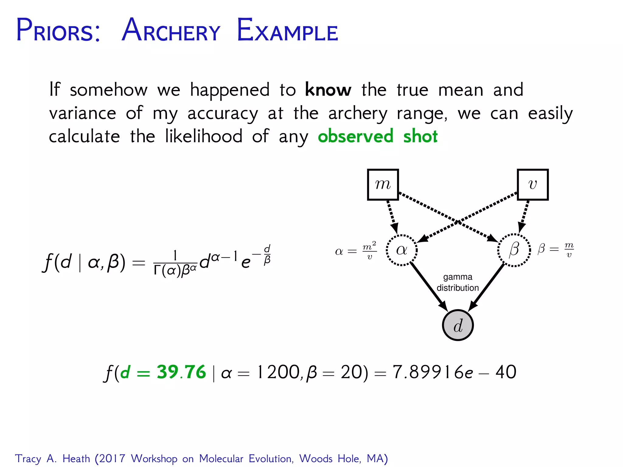 P: A E
If somehow we happened to know the true mean and
variance of my accuracy at the archery range, we can easily
calculate the likelihood of any observed shot
f(d | α,β) = 1
Γ(α)βα dα−1e− d
β
d
α β
gamma
distribution
m v
β = m
vα = m2
v
f(d = 39.76 | α = 1200,β = 20) = 7.89916e − 40
Tracy A. Heath (2017 Workshop on Molecular Evolution, Woods Hole, MA)
 