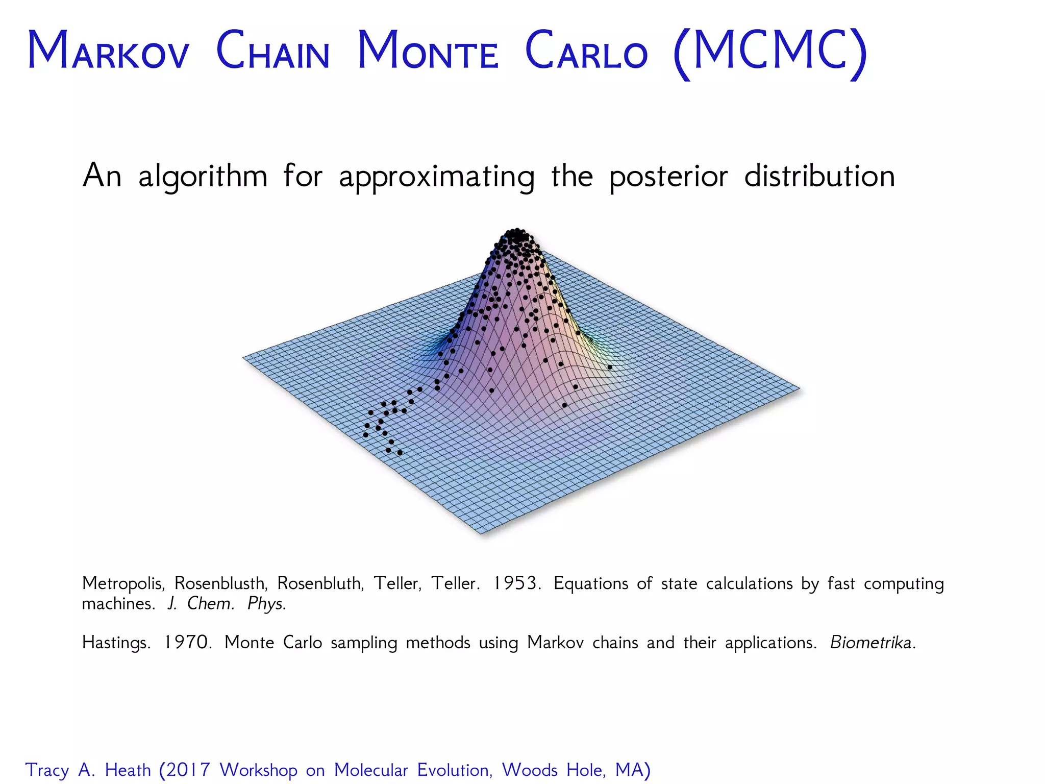 M C M C (MCMC)
An algorithm for approximating the posterior distribution
Metropolis, Rosenblusth, Rosenbluth, Teller, Teller. 1953. Equations of state calculations by fast computing
machines. J. Chem. Phys.
Hastings. 1970. Monte Carlo sampling methods using Markov chains and their applications. Biometrika.
Tracy A. Heath (2017 Workshop on Molecular Evolution, Woods Hole, MA)
 