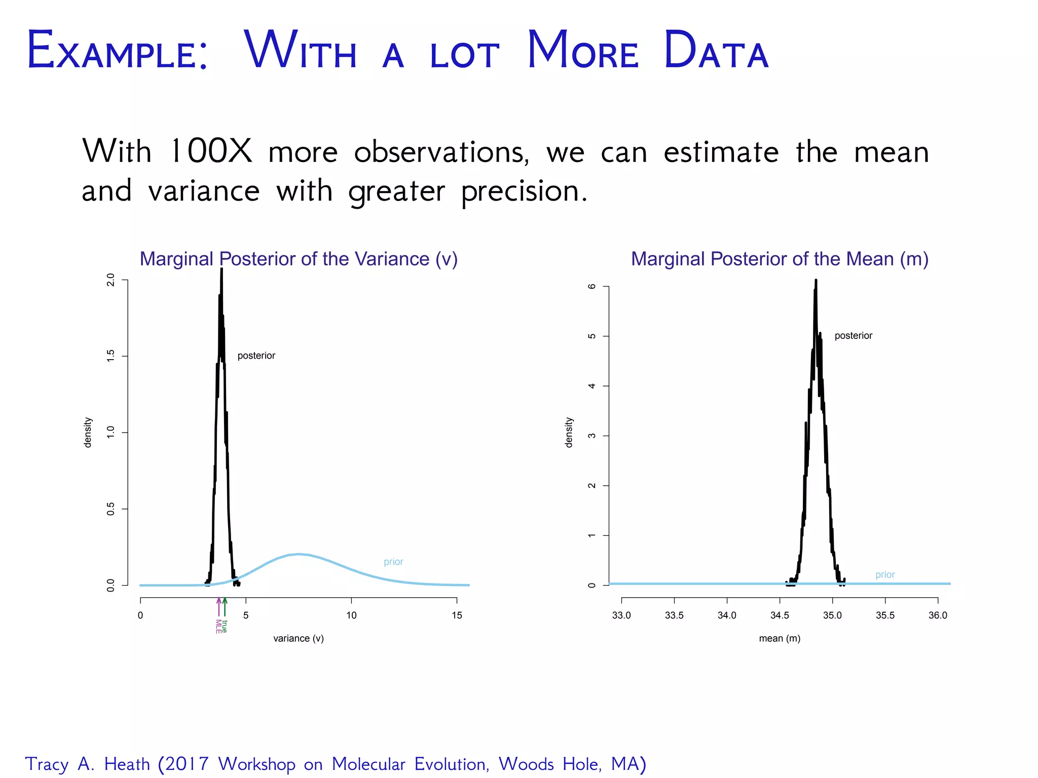 E: W   M D
With 100X more observations, we can estimate the mean
and variance with greater precision.
0 5 10 15
0.00.51.01.52.0
variance (v)
density
MLE
true
posterior
prior
Marginal Posterior of the Variance (v)
33.0 33.5 34.0 34.5 35.0 35.5 36.0
0123456
mean (m)
density
posterior
prior
Marginal Posterior of the Mean (m)
Tracy A. Heath (2017 Workshop on Molecular Evolution, Woods Hole, MA)
 