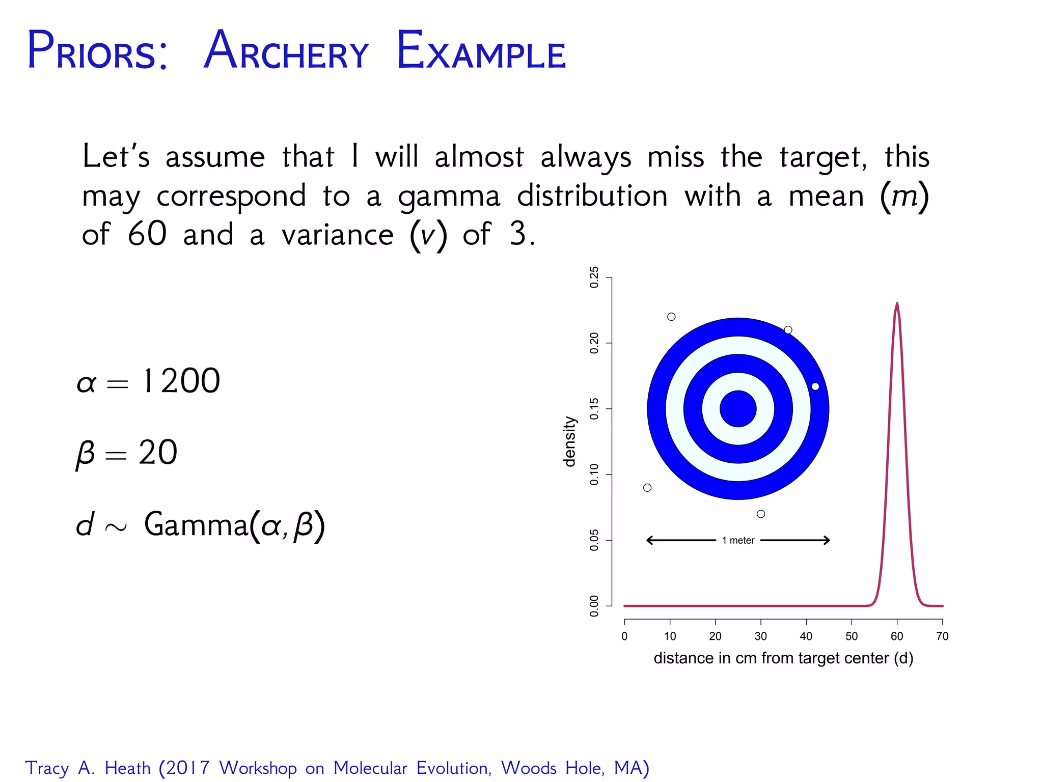 P: A E
Let’s assume that I will almost always miss the target, this
may correspond to a gamma distribution with a mean (m)
of 60 and a variance (v) of 3.
α = 1200
β = 20
d ∼ Gamma(α,β)
0 10 20 30 40 50 60 70
0.000.050.100.150.200.25
distance in cm from target center (d)
density
1 meter
q
q
q
q
q
Tracy A. Heath (2017 Workshop on Molecular Evolution, Woods Hole, MA)
 