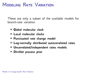B D T E
Estimating divergence times relies on 2 main elements:
• Branch-speciﬁc rates: f (R | R)
• Node ages: f (A | A)
DNA Data
Rate Matrix Site Rates Branch RatesTree
 