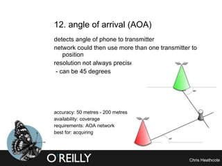 12. angle of arrival (AOA) detects angle of phone to transmitter network could then use more than one transmitter to position resolution not always precise  - can be 45 degrees accuracy: 50 metres - 200 metres availability: coverage requirements: AOA network best for: acquiring 
