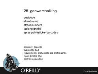 28. geowarchalking  postcode street name street numbers lat/long graffiti spray paint/sticker barcodes accuracy: depends availability: bad requirements: crazy pirate geo-graffiti gangs  (Marc Smith's 2%) best for: acquisition 