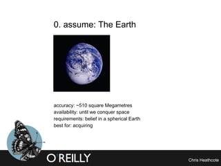 0. assume: The Earth EARTH PIC accuracy: ~510 square Megametres availability: until we conquer space requirements: belief in a spherical Earth best for: acquiring 