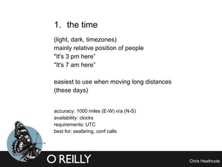 the time  (light, dark, timezones)  mainly relative position of people "It's 3 pm here” "It's 7 am here” easiest to use when moving long distances  (these days) accuracy: 1000 miles (E-W) n/a (N-S) availability: clocks requirements: UTC best for: seafaring, conf calls 