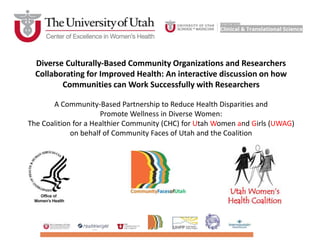 Diverse Culturally-Based Community Organizations and Researchers
Collaborating for Improved Health: An interactive discussion on how
Communities can Work Successfully with Researchers
A Community-Based Partnership to Reduce Health Disparities and
Promote Wellness in Diverse Women:
The Coalition for a Healthier Community (CHC) for Utah Women and Girls (UWAG)
on behalf of Community Faces of Utah and the Coalition
 
