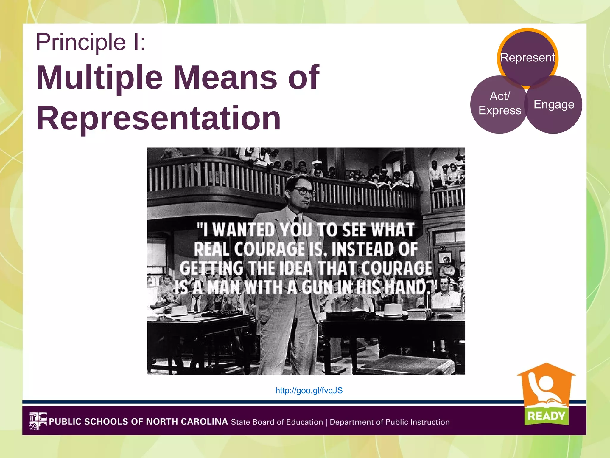 Principle I:                            Represent

Multiple Means of                      Act/
                                               Engage
Representation                       Express




               http://goo.gl/fvqJS
 