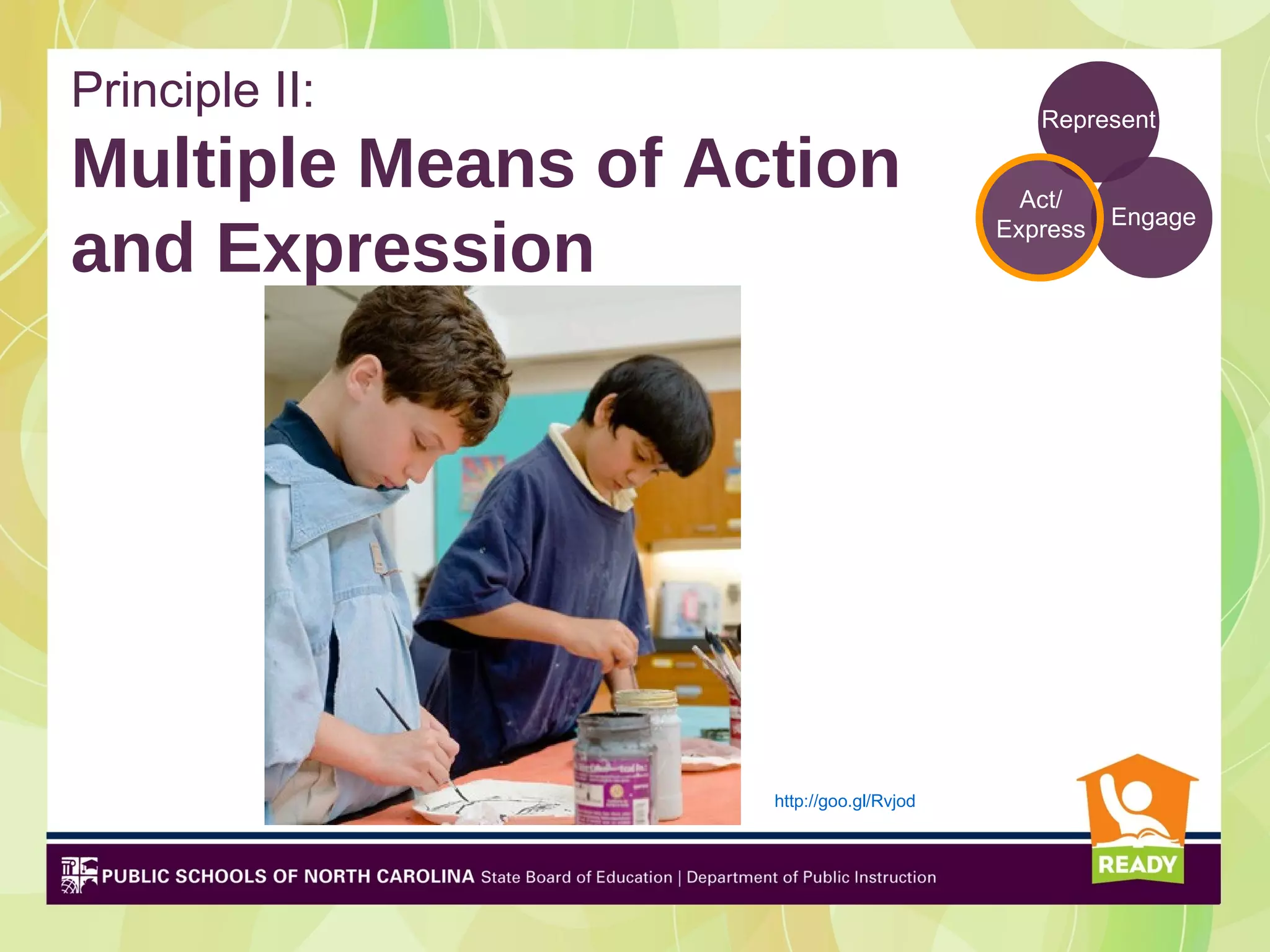 Principle II:                                Represent

Multiple Means of Action                    Act/
                                                    Engage
and Expression                            Express




                    http://goo.gl/Rvjod
 