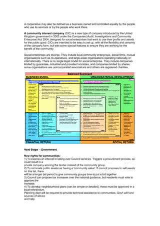 A cooperative may also be defined as a business owned and controlled equally by the people
who use its services or by the people who work there.

A community interest company (CIC) is a new type of company introduced by the United
Kingdom government in 2005 under the Companies (Audit, Investigations and Community
Enterprise) Act 2004, designed for social enterprises that want to use their profits and assets
for the public good. CICs are intended to be easy to set up, with all the flexibility and certainty
of the company form, but with some special features to ensure they are working for the
benefit of the community.

Social enterprises are diverse. They include local community enterprises, social firms, mutual
organisations such as co-operatives, and large-scale organisations operating nationally or
internationally. There is no single legal model for social enterprise. They include companies
limited by guarantee, industrial and provident societies, and companies limited by shares;
some organisations are unincorporated associations and others are registered charities.




Next Steps – Government

New rights for communities:
1) To express an interest in taking over Council services. Triggers a procurement process, so
could result in a
private company winning the tender instead of the community group.
2) To nominate public assets as having a 'community value'. If council proposes to sell assets
on this list, there
will be a longer bid period to give community groups time to put a bid together
3) Council can propose tax increases over the national guidance, but residents must vote to
approve the
increase.
4) To develop neighbourhood plans (can be simple or detailed), these must be approved in a
local referendum.
Planning dept will be required to provide technical assistance to communities, Gov't will fund
sources of advice
and help.
 