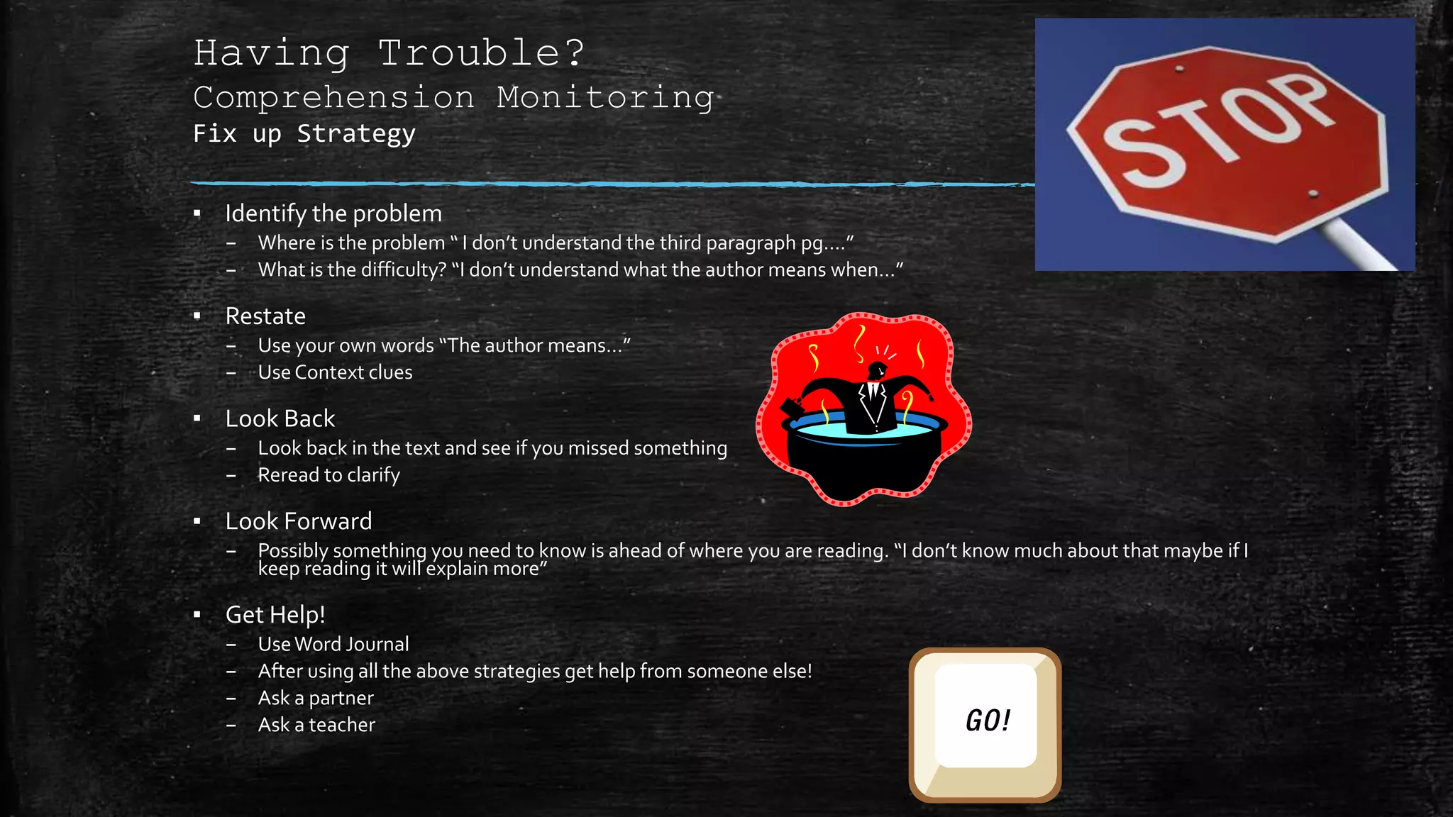 Having Trouble?
Comprehension Monitoring
Fix up Strategy
▪ Identify the problem
– Where is the problem “ I don’t understand the third paragraph pg….”
– What is the difficulty? “I don’t understand what the author means when…”
▪ Restate
– Use your own words “The author means…”
– UseContext clues
▪ Look Back
– Look back in the text and see if you missed something
– Reread to clarify
▪ Look Forward
– Possibly something you need to know is ahead of where you are reading. “I don’t know much about that maybe if I
keep reading it will explain more”
▪ Get Help!
– UseWord Journal
– After using all the above strategies get help from someone else!
– Ask a partner
– Ask a teacher
 