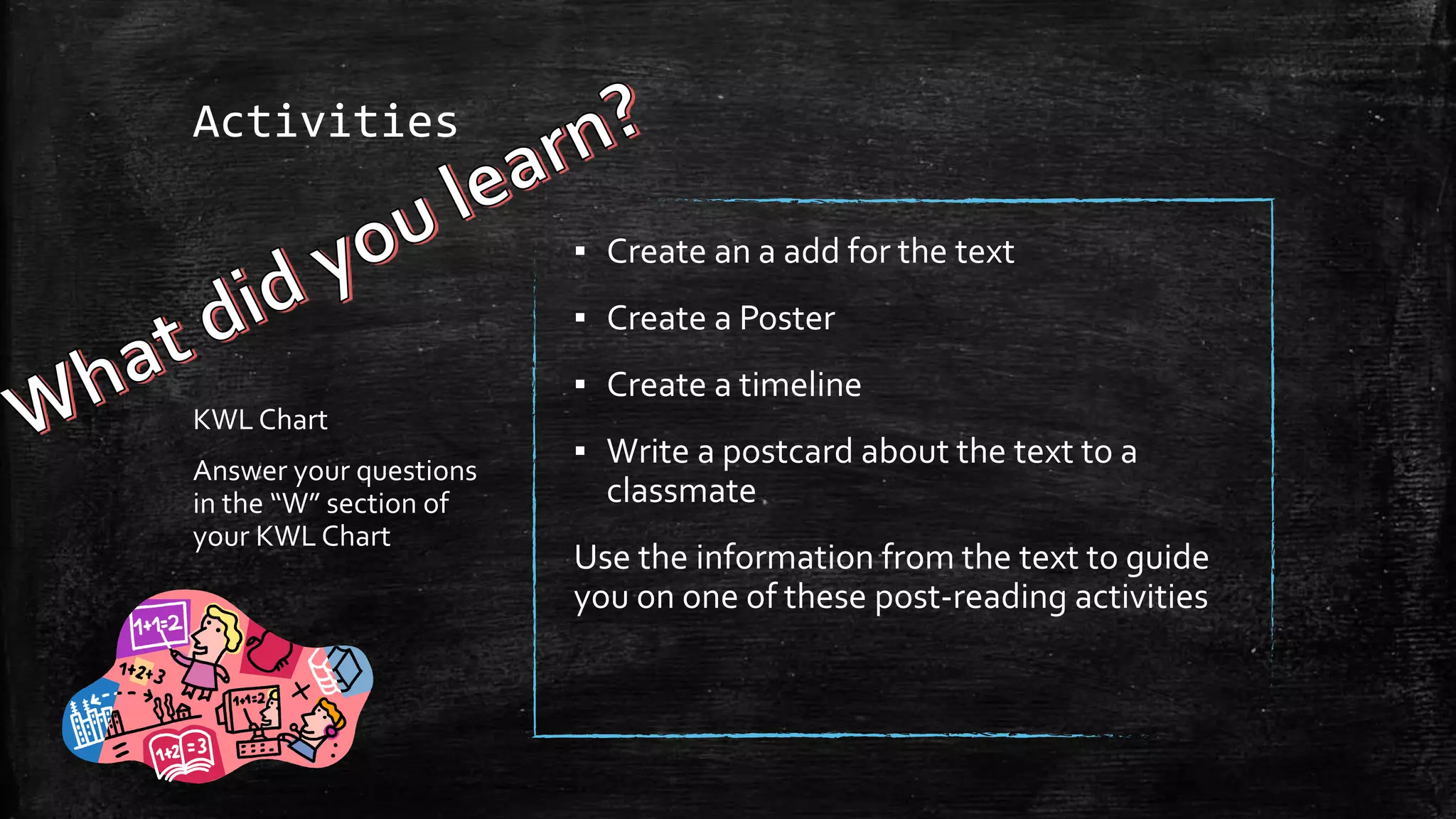 Activities
KWL Chart
Answer your questions
in the “W” section of
your KWL Chart
▪ Create an a add for the text
▪ Create a Poster
▪ Create a timeline
▪ Write a postcard about the text to a
classmate
Use the information from the text to guide
you on one of these post-reading activities
 