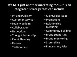 Use together to create synergy.  Understand each social media tool has its own community who are already using that medium to talk, share and listen.  Use tools together to create campaigns to increase your visibility Tap into different users and communities that are already established and leverage the way they communicate online 