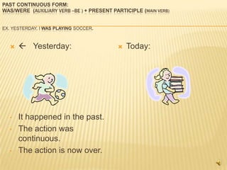 PAST CONTINUOUS FORM:
WAS/WERE (AUXILIARY VERB --BE ) + PRESENT PARTICIPLE (MAIN VERB)


EX. YESTERDAY, I WAS PLAYING SOCCER.



      Yesterday:                             Today:




  •   It happened in the past.
  •   The action was
      continuous.
  •   The action is now over.
 